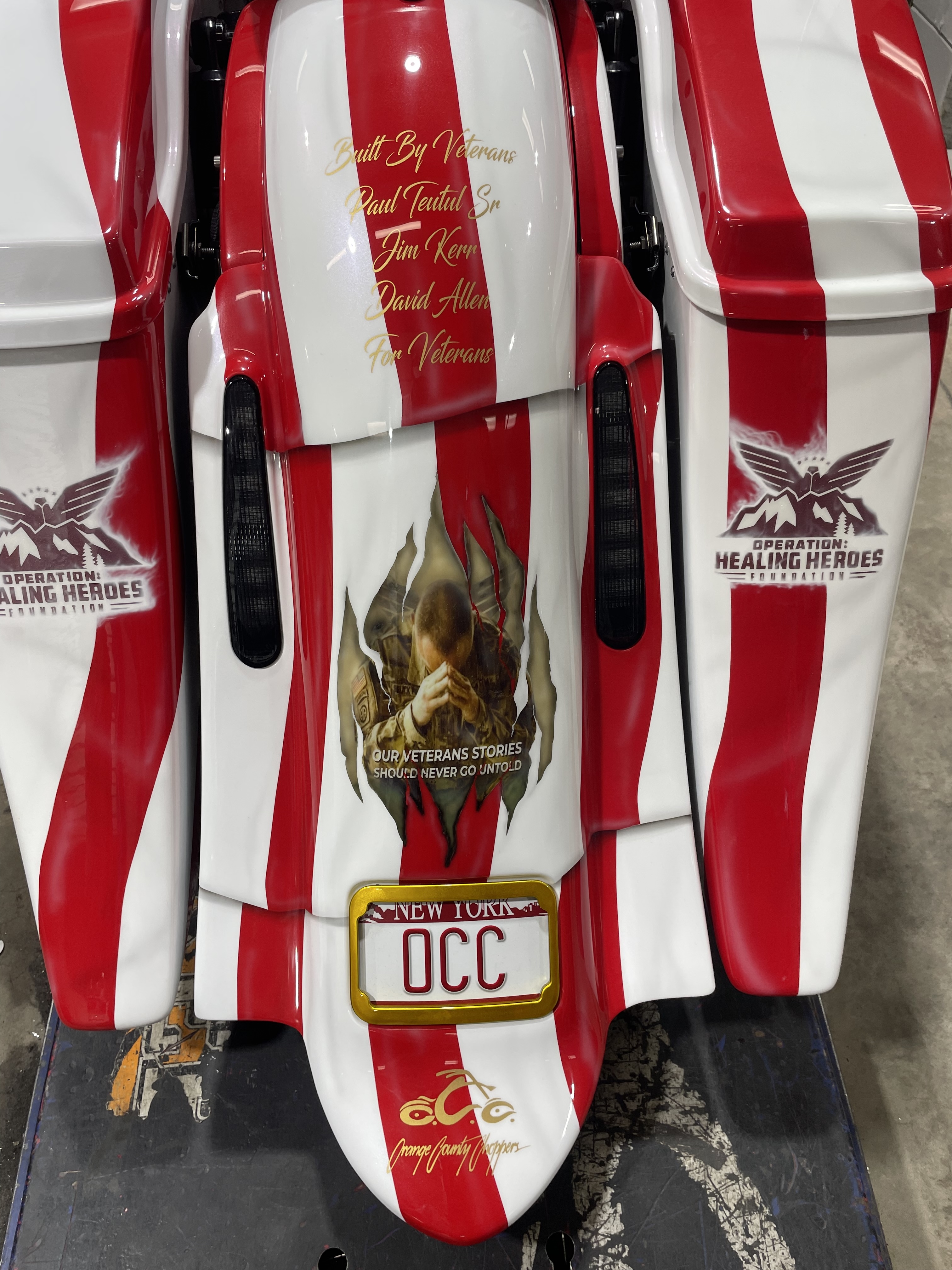 Close-up of the bike with patriotic flags.